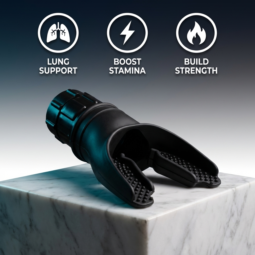 Black and teal tool on a marble surface with icons and text about health benefits.