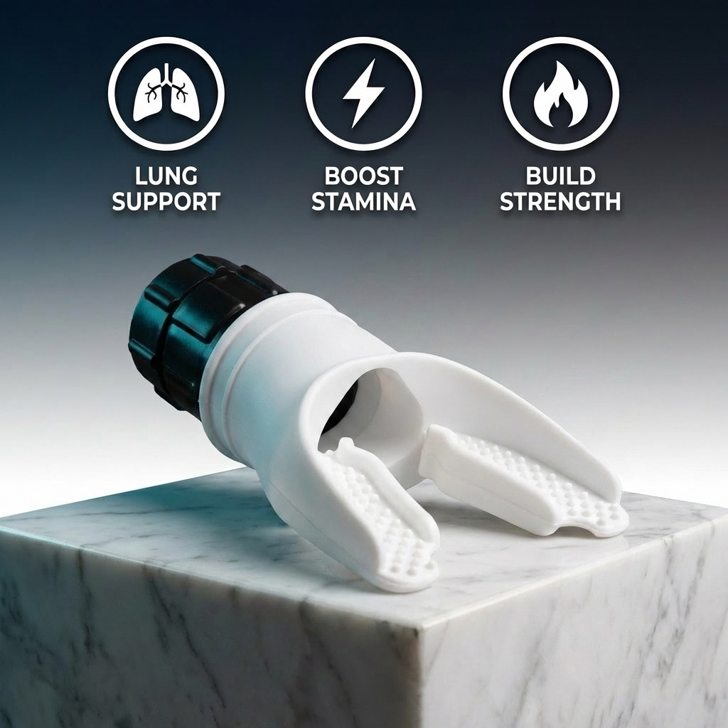 White hand exerciser on a marble surface with icons and text indicating benefits